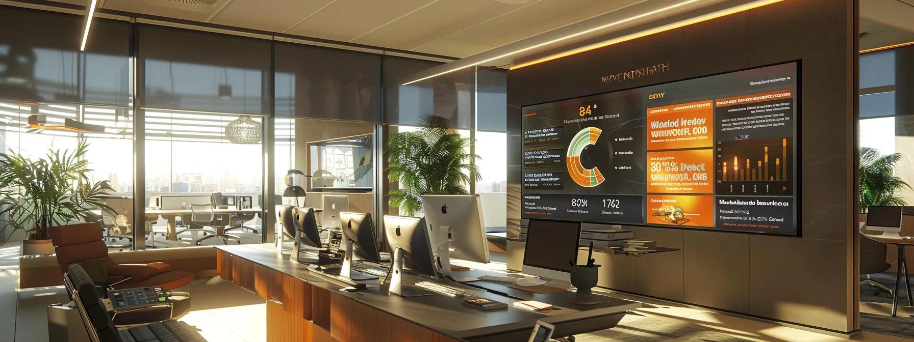 a sleek, modern office workspace featuring a large computer screen displaying a vibrant webinar platform interface with visible pricing tiers, surrounded by digital marketing tools and analytics graphs, conveying the theme of cost-effective online communication solutions.