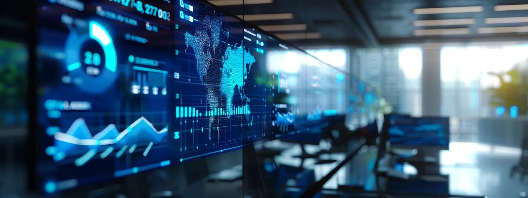 a sleek, modern office workspace features a large digital screen displaying a visually engaging infographic that outlines various affordable webinar platform pricing models, surrounded by high-tech equipment and professional staff engaged in strategic discussion.