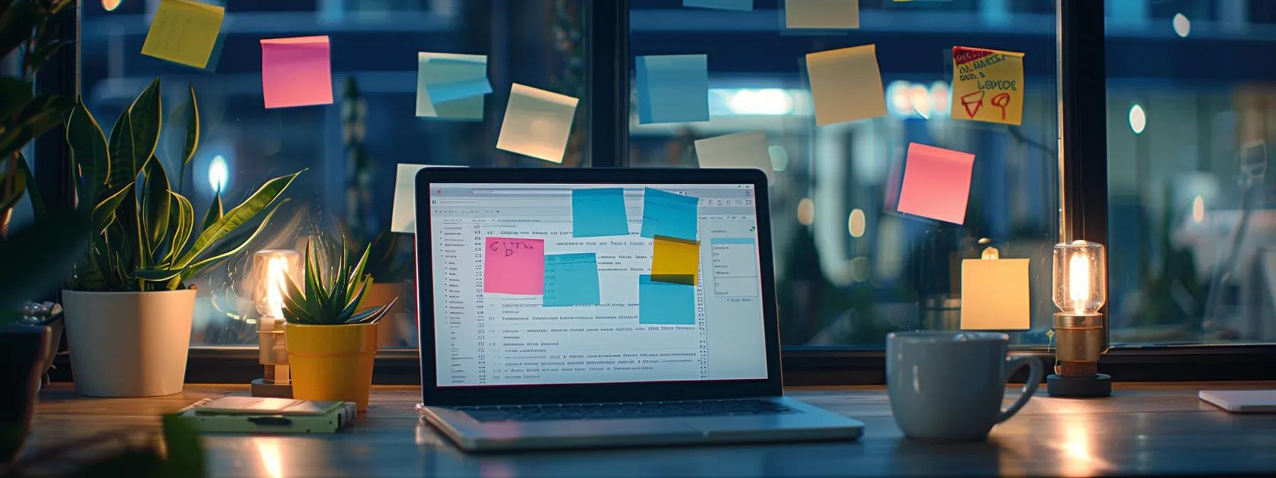 a sleek, modern office workspace features an open laptop displaying an email draft, surrounded by vibrant post-it notes and a coffee cup, symbolizing the dynamic process of crafting engaging follow-up emails after a webinar.