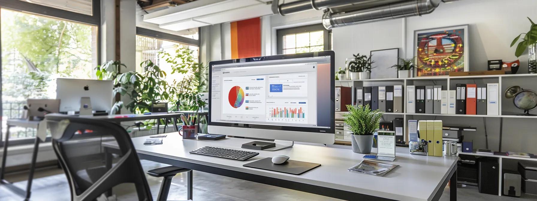 a sleek, modern office workspace is elegantly arranged, featuring a large monitor displaying a personalized webinar follow-up email adorned with vibrant graphics, creating an engaging atmosphere that emphasizes the importance of tailored communication in building professional relationships.