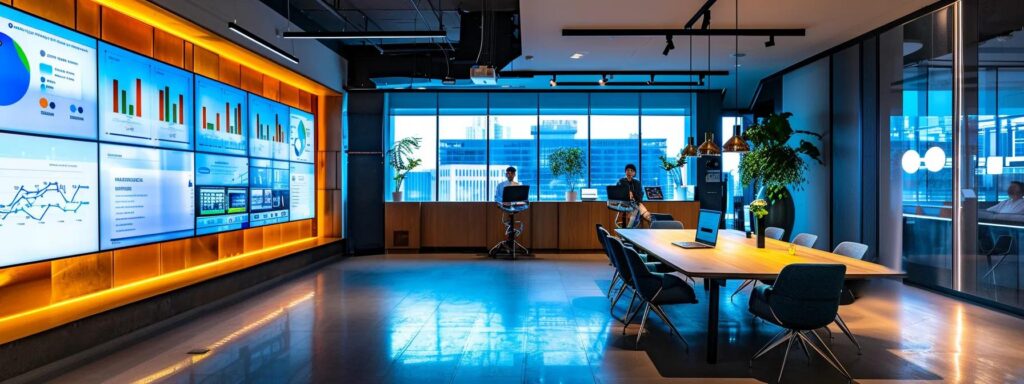 a sleek, modern office workspace is illuminated by vibrant screens showcasing an interactive webinar platform, featuring dynamic dashboards and customizable layouts that highlight user engagement tools like live polls and real-time analytics.