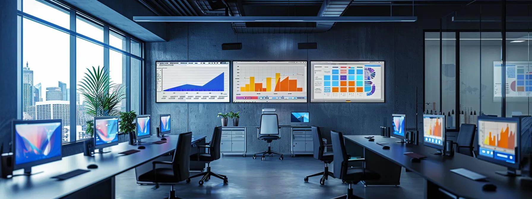a sleek, modern office workspace displays multiple screens showcasing a live webinar interface with vibrant analytics graphs and participant interactions, emphasizing the seamless integration and robust capabilities of gotowebinar for effective online presentations.