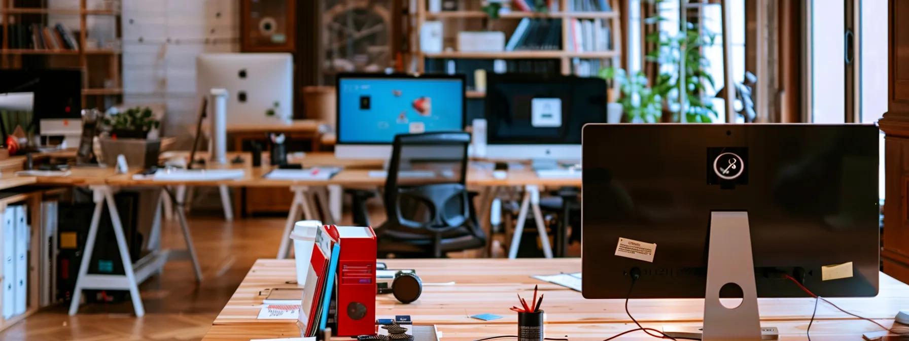 a sleek, modern office workspace features a large monitor displaying a vibrant, user-friendly webinar interface, surrounded by engaging visuals and tech accessories that highlight the affordability and professionalism of top-rated webinar software options.
