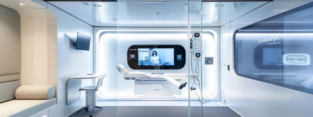 a sleek, modern telehealth consultation room features a healthcare provider engaging with a patient through a secure video call on a high-definition screen, showcasing advanced technology and a professional atmosphere that emphasizes accessibility and trust in healthcare delivery.
