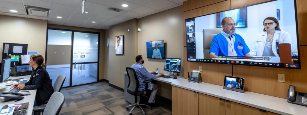 a sleek, modern telehealth office setting features a digital display showcasing a secure video platform interface, surrounded by health professionals engaging in a seamless virtual consultation with patients on large screens, emphasizing security and efficiency through advanced technology.