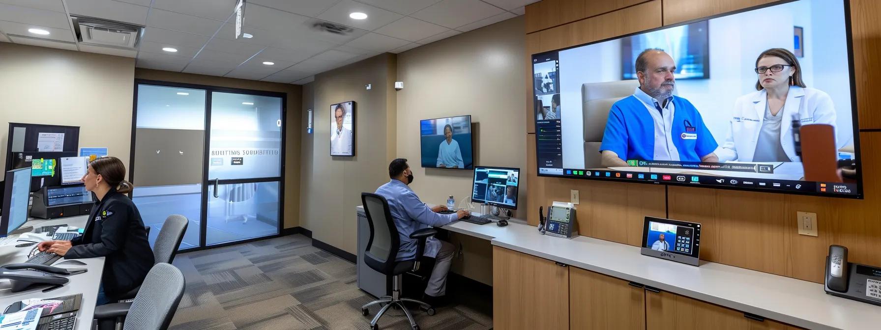 a sleek, modern telehealth office setting features a digital display showcasing a secure video platform interface, surrounded by health professionals engaging in a seamless virtual consultation with patients on large screens, emphasizing security and efficiency through advanced technology.