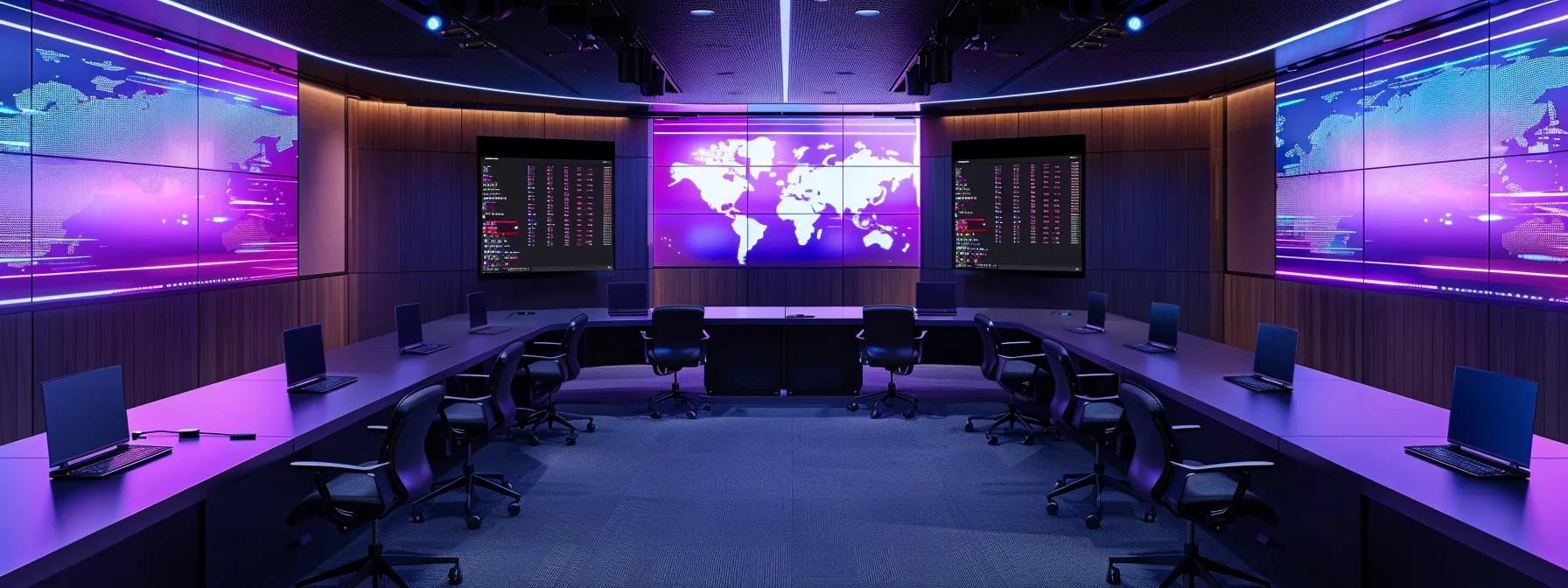 a sleek, modern virtual conference room equipped with advanced ai tools, featuring vibrant digital screens displaying real-time analytics and smart cameras capturing engaged participants in seamless communication.