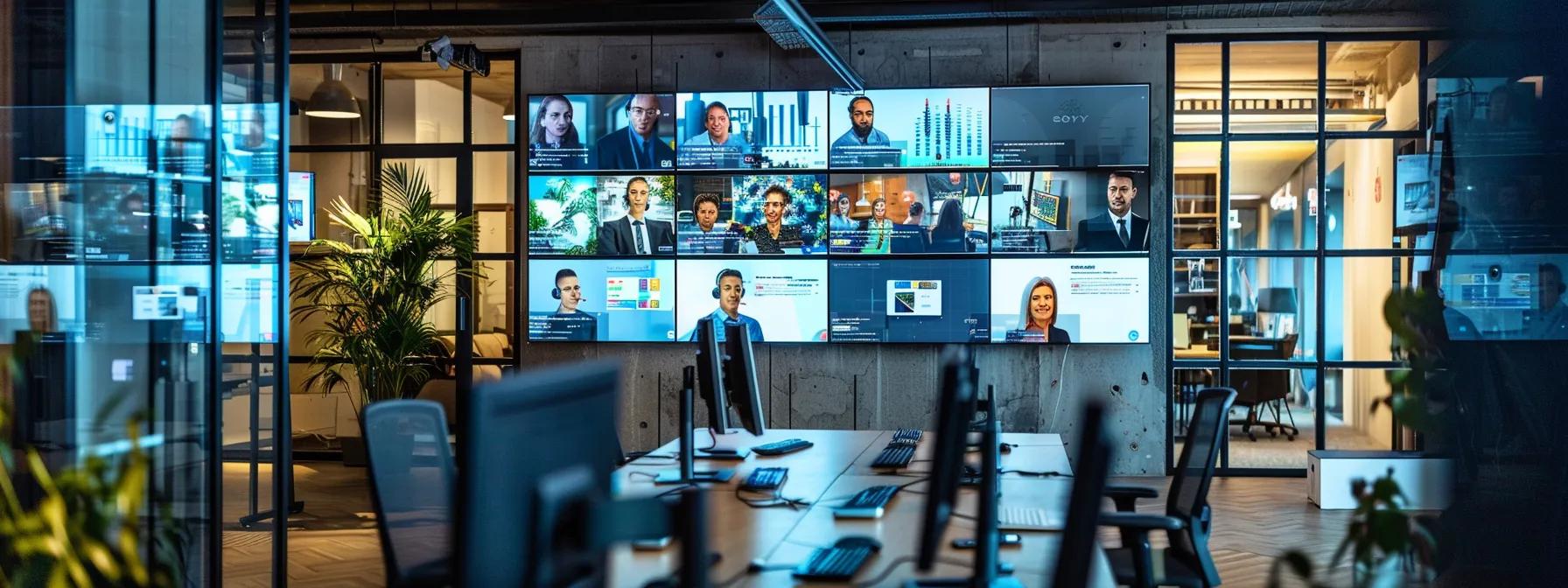 a sleek, modern webinar interface displays vibrant graphics and intuitive navigation on multiple screens, set against a polished urban office backdrop filled with engaged participants immersed in interactive discussions.