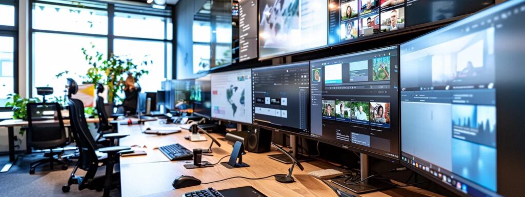 a sleek, modern webinar interface displayed on multiple high-definition screens in a well-equipped urban office, showcasing intuitive navigation tools and engaging features that enhance user experience and participant engagement.