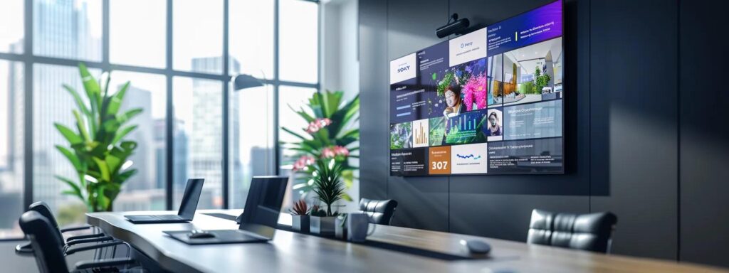 a sleek, modern webinar interface displayed on a high-resolution screen, featuring vibrant branding elements like logos and color schemes, set against a stylish, tech-savvy office backdrop that emphasizes professionalism and engagement.
