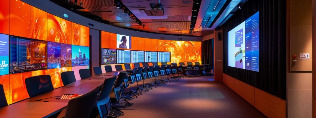 a sleek, modern webinar setup featuring multiple screens displaying engaging content and analytics, with a professional presenter interacting with virtual attendees, highlighting the advantages of dedicated webinar software over the limitations of social media live streaming.