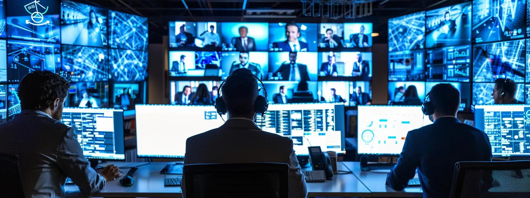 a tense online meeting setting captures participants intently analyzing their screens, with digital security icons and prompt alerts subtly displayed, highlighting the urgency of vigilance against deepfakes in real-time.