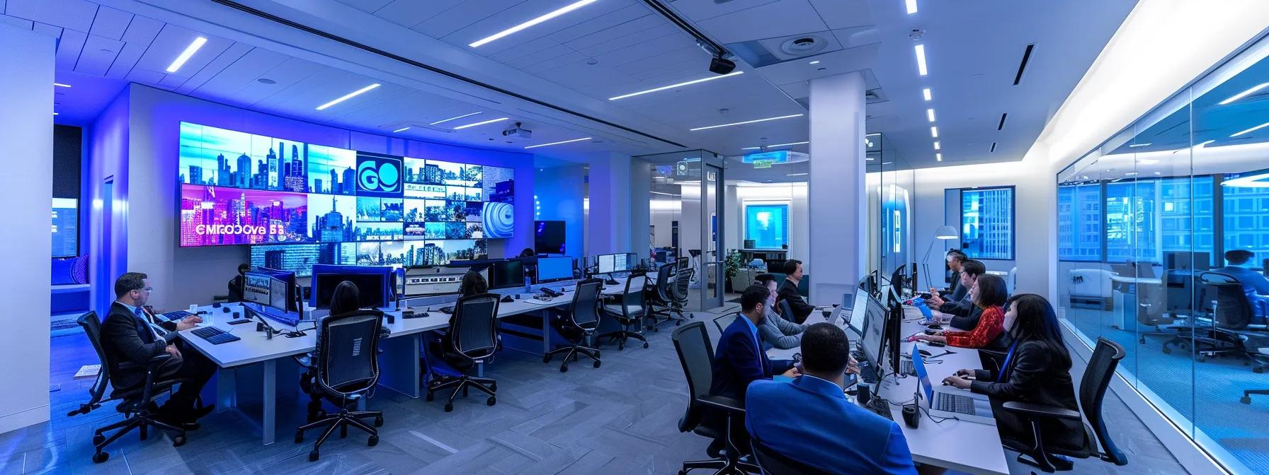 a vibrant, modern office meeting room showcases a diverse group of professionals collaborating through a high-definition video conferencing setup, with interactive tools displayed on screens, highlighting the seamless integration and clarity of bluejeans by verizon.