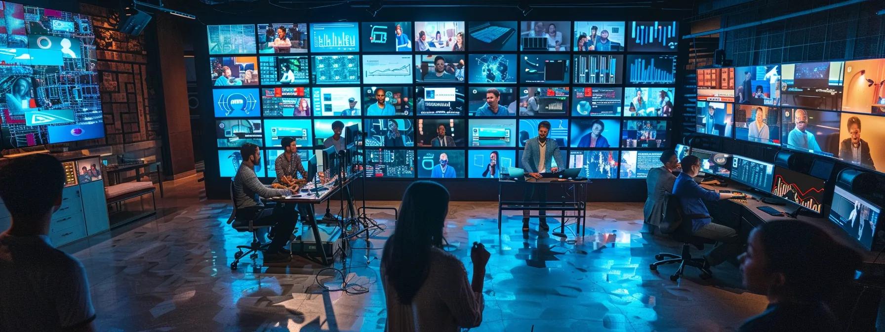 a vibrant, modern office scene showcasing a diverse group of professionals engaged in an interactive video conferencing session, featuring advanced technology screens displaying analytics, engagement metrics, and real-time audience interaction alongside a dynamic backdrop of digital platforms and social media feeds.