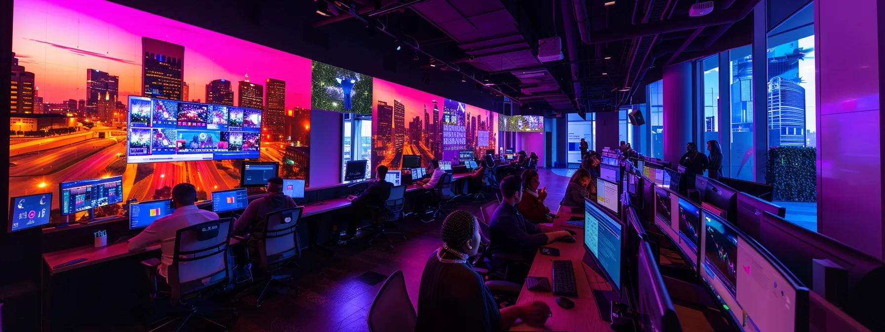 a vibrant, modern office setting showcases a diverse group of professionals engaged in a dynamic virtual webinar, with data analytics displayed on large screens emphasizing enhanced audience interaction and participation rates.