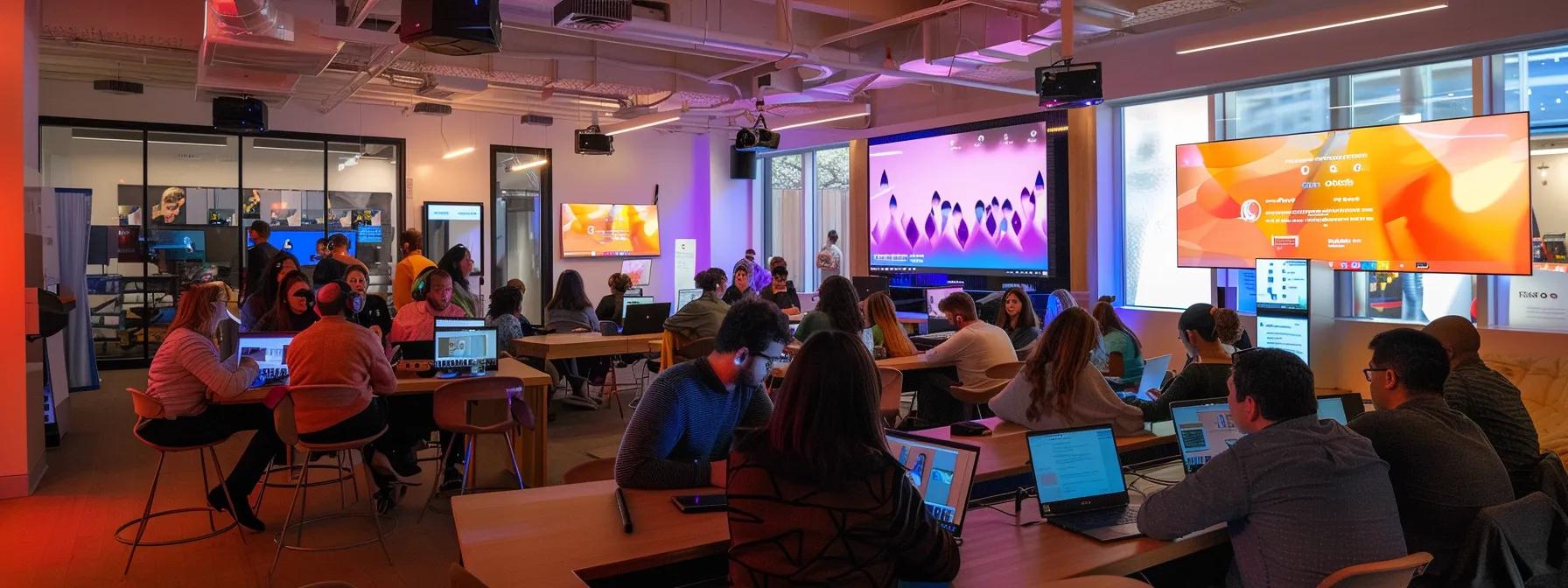 a vibrant office setting filled with engaged professionals gathered around laptops and large screens, energetically discussing post-webinar strategies to foster community and sustain engagement.