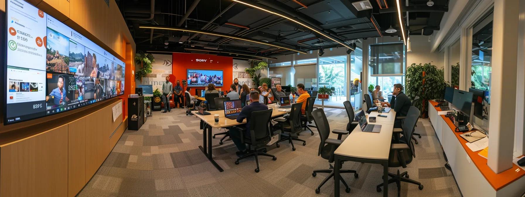 a vibrant office setting showcases a dynamic webinar in progress, featuring a large screen displaying live polls and engaging visuals, while participants interact via laptops and mobile devices, highlighting the innovative features of the interactlive hybrid platform.