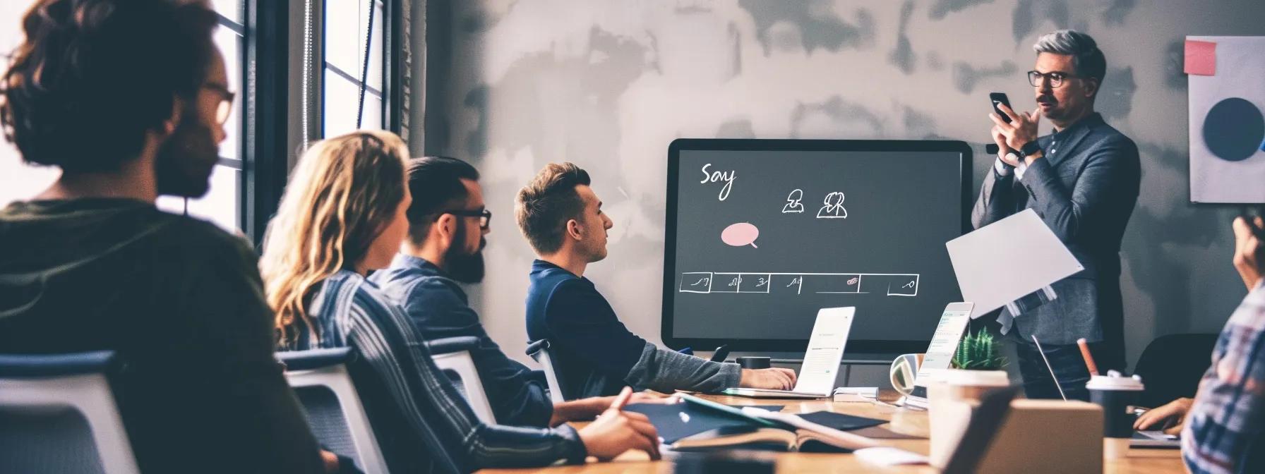 a vibrant office setting showcases a diverse team of professionals engaged in a collaborative meeting, analyzing a large digital screen displaying a detailed comparison table of various webinar platforms' pricing plans and features.