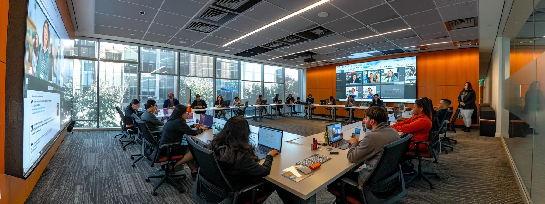 a vibrant office setting showcases a group of eager beginners engaged in a webinar platform comparison, with their laptop screens displaying diverse functionalities and interactive tools to enhance online event success.