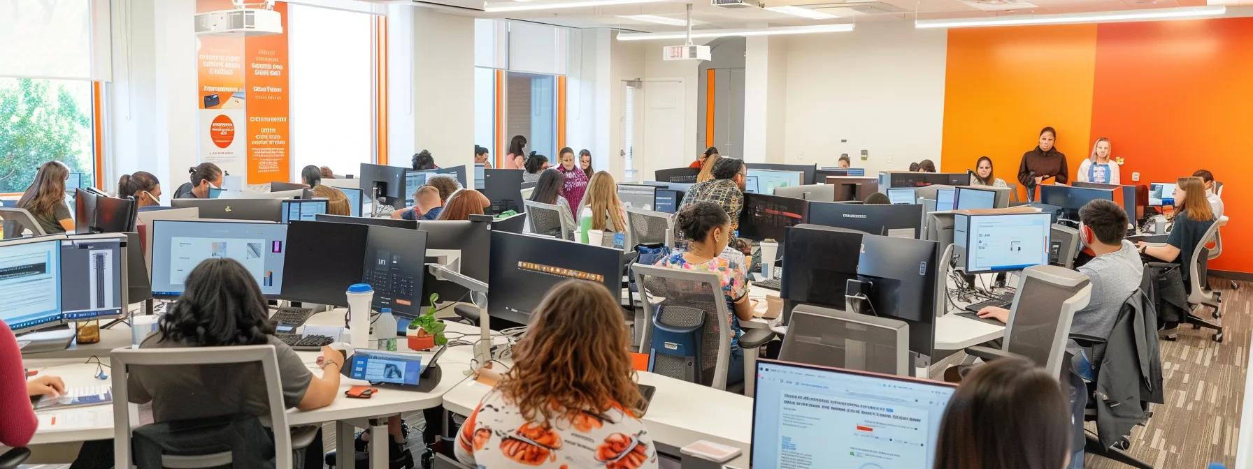 a vibrant office setting showcasing a diverse group of enthusiastic individuals engaged in a webinar, surrounded by sleek technology and interactive displays, symbolizing the seamless integration of user-friendly platforms and innovation for novice hosts in 2025.