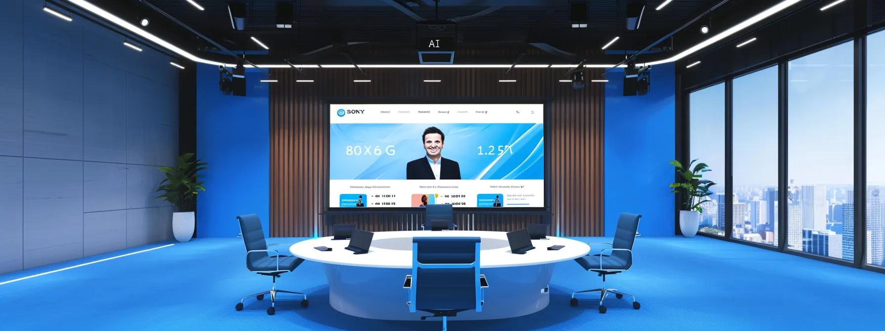 a vibrant virtual conference setup showcases a sleek, modern office space with a large screen displaying a dynamic webinar interface, highlighting interactive features like live polls and chat, effectively illustrating affordable professional engagement in a digital format.