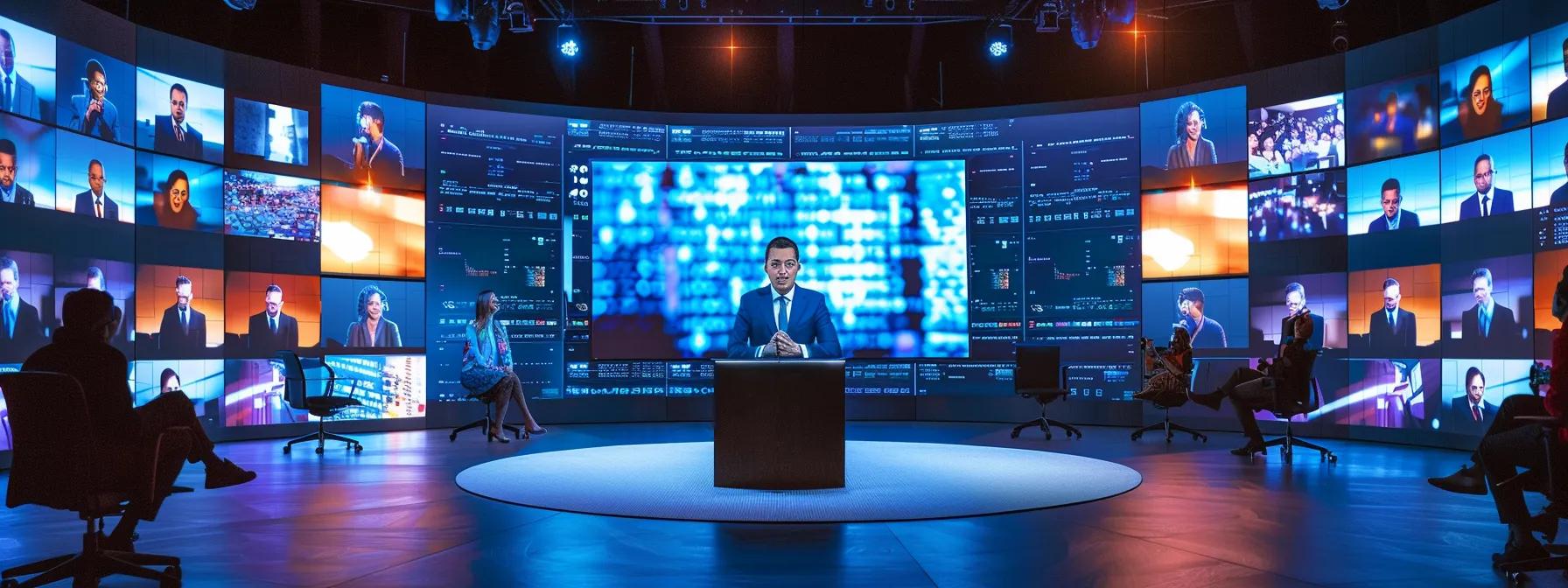 a vibrant virtual webinar setting showcases a charismatic moderator at the forefront of a sleek digital interface, engaging a diverse audience displayed on multiple screens, all under the glow of dynamic lighting that highlights the energetic interaction.