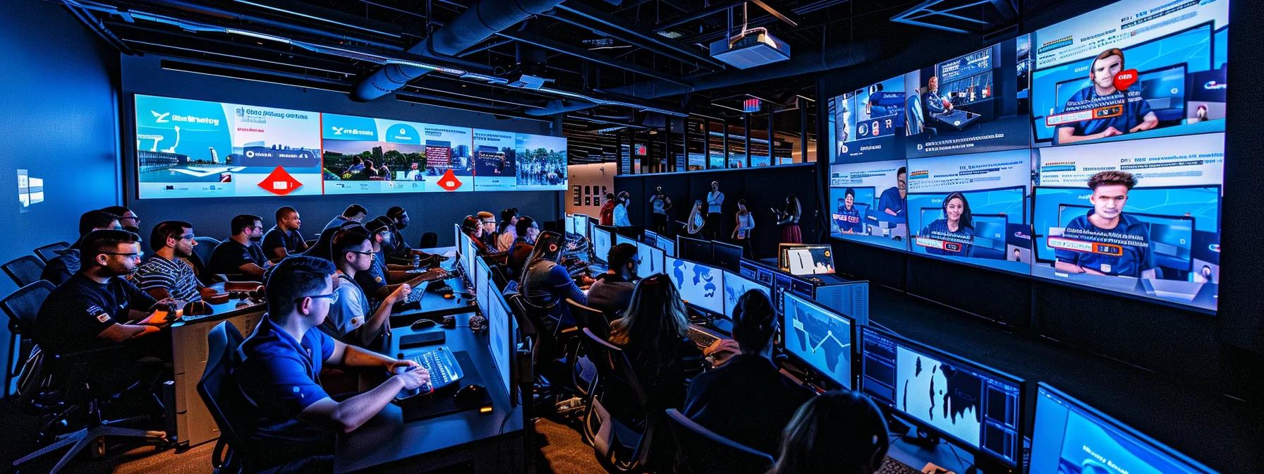 an engaging virtual webinar scene captures a diverse group of participants on screens, showcasing dynamic interactive features like live polls and breakout rooms in a sleek, modern office environment, emphasizing the seamless integration and real-time analytics of aonmeetings.