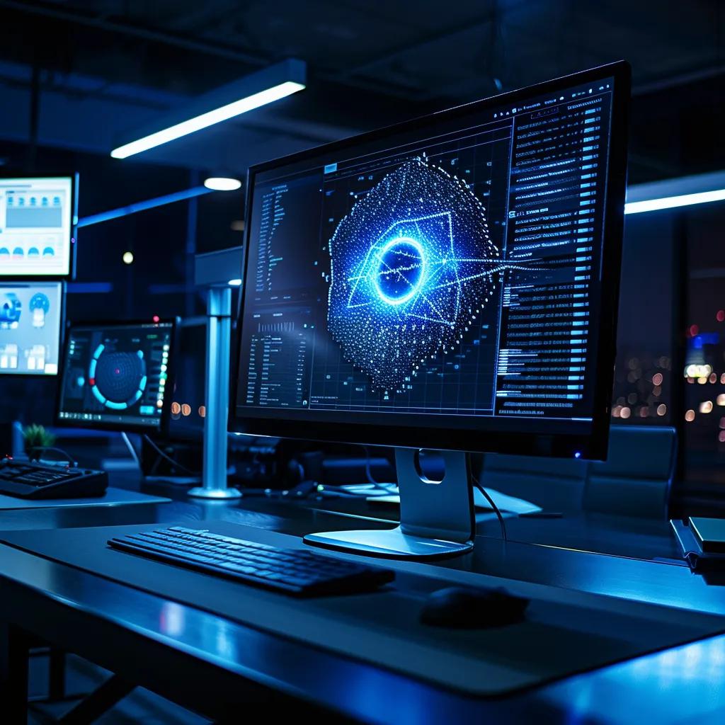 an intense digital security room features a high-tech computer screen displaying a menacing deepfake graphic, illuminated by dramatic blue lighting that reflects the urgency of protecting one's online persona in a sleek, modern office environment.