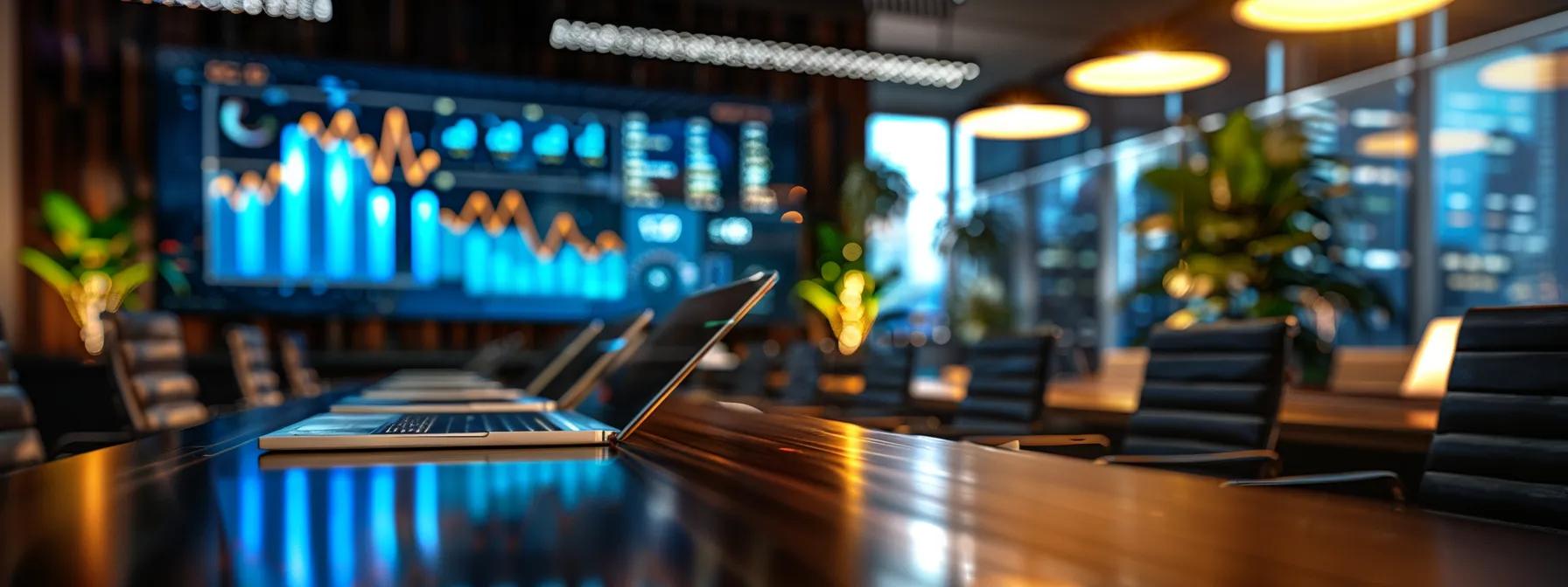 an upscale modern office workspace features a sleek wooden conference table displaying a digital screen showcasing a vibrant infographic comparison of various webinar pricing models, highlighting key performance attributes in an engaging and informative manner.