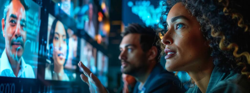 a dynamic urban office setting features a diverse group of health practitioners actively engaged in a video conferencing session, showcasing their faces illuminated by the glow of screens as they share valuable insights on telehealth challenges and successes.