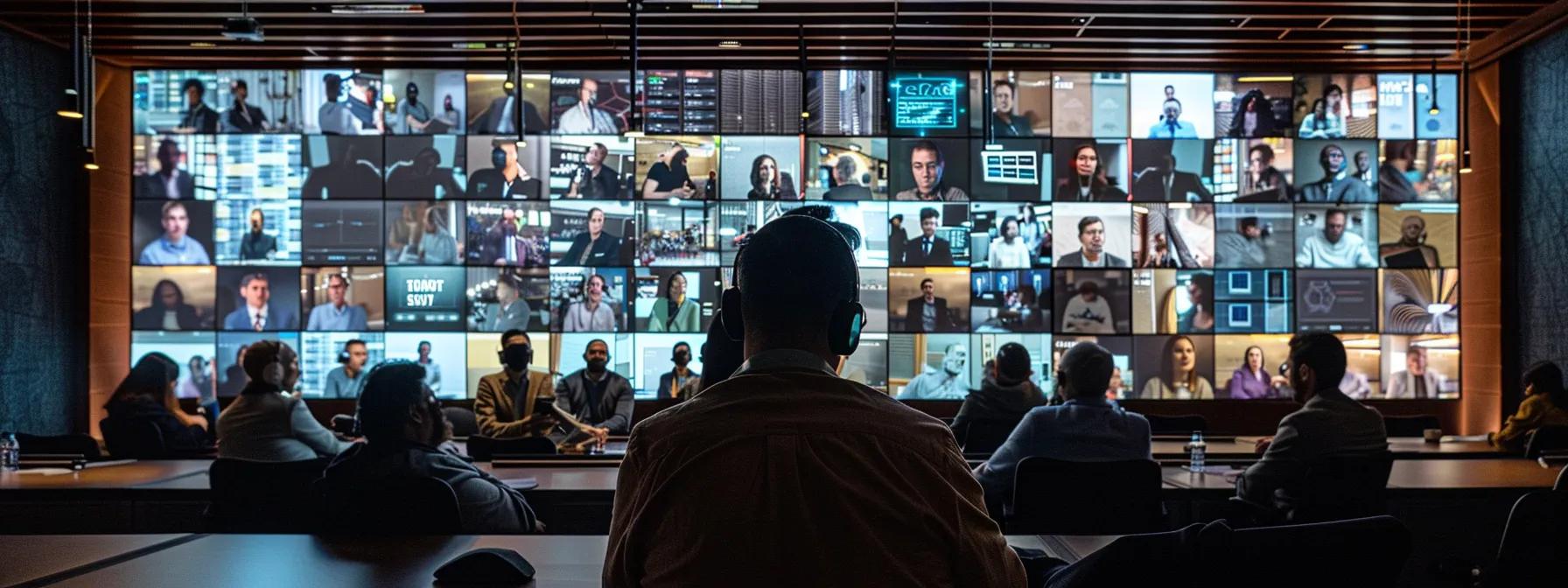 a dynamic video conference room filled with diverse participants engaged in lively discussion, illuminated by sleek technology screens displaying real-time translations and visual analytics, capturing the essence of ai-enhanced collaboration.