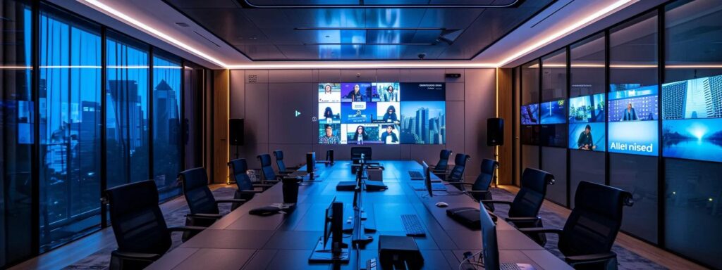 a futuristic office conference room is illuminated by soft, ambient lighting, showcasing diverse professionals engaged in a secure, interactive video call via sleek, high-tech screens, symbolizing the evolution of encrypted video conferencing technology.