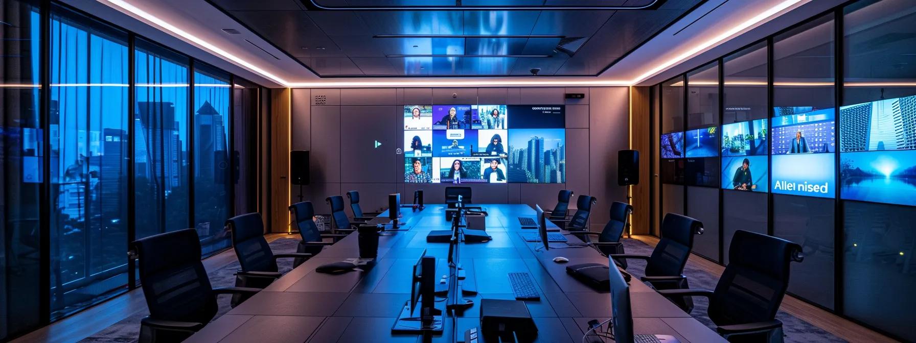 a futuristic office conference room is illuminated by soft, ambient lighting, showcasing diverse professionals engaged in a secure, interactive video call via sleek, high-tech screens, symbolizing the evolution of encrypted video conferencing technology.