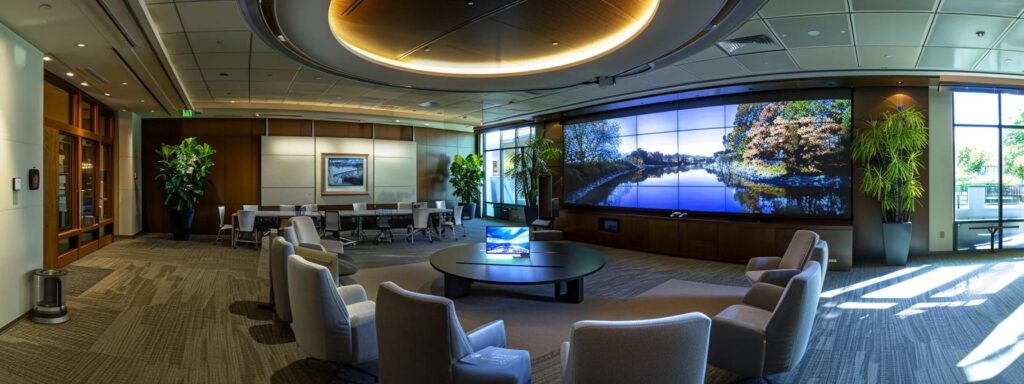 a modern conference room with sleek, high-tech video conferencing equipment displays a diverse group of professionals engaged in a secure virtual meeting, emphasizing the importance of encrypted communication in healthcare operations.