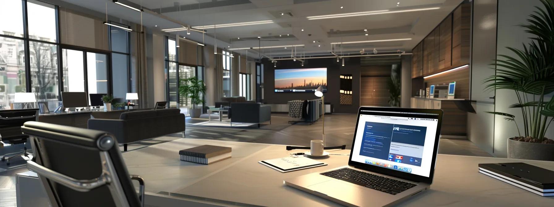 a modern office space featuring a sleek laptop on a polished desk, displaying an engaging webinar interface with interactive elements, while a diverse group of professionals participates remotely on high-definition screens in the background, symbolizing user-friendly and affordable webinar solutions.