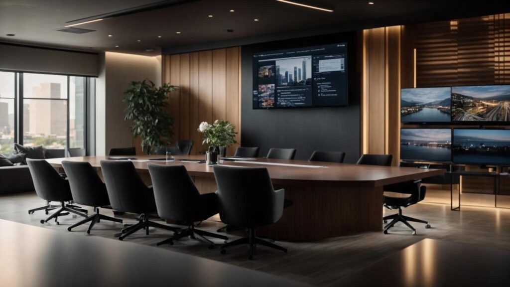 a sleek, modern conference room filled with professionals attentively engaging in a facebook live session, featuring a large screen displaying live analytics and viewer interactions, under warm ambient lighting that emphasizes a dynamic atmosphere of collaboration and innovation.