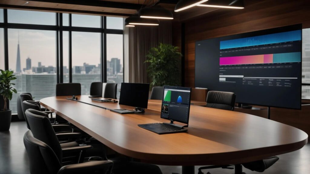 a sleek, modern office conference room features a large screen displaying a vibrant comparison chart of facebook live and webinar software performance metrics, while professionals engage in a dynamic discussion around a polished wooden table.