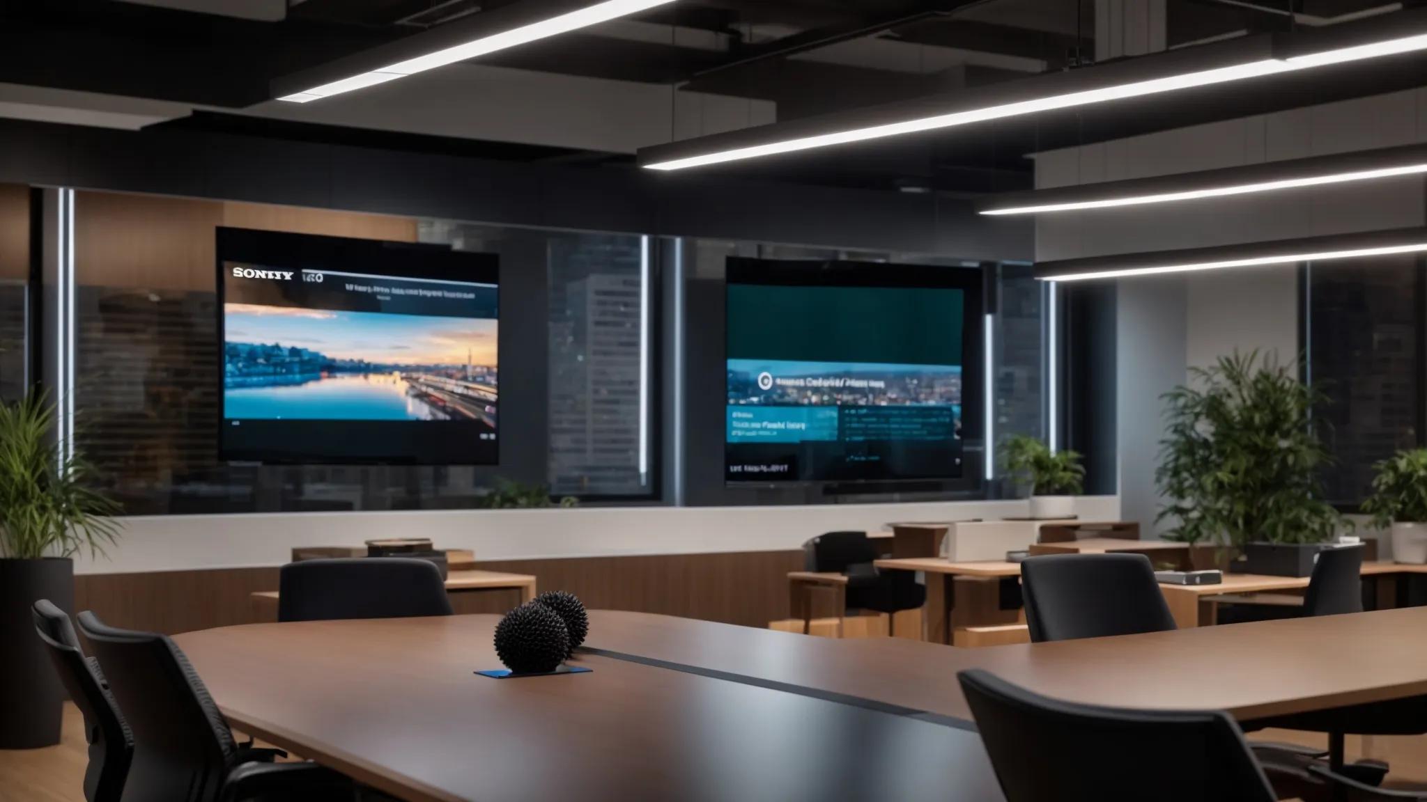 a sleek, modern office space features a large screen displaying a vibrant webinar interface, showcasing engaging visuals and interactive chat elements, illuminated by focused overhead lighting, conveying the efficiency and performance of the performstream lite platform.
