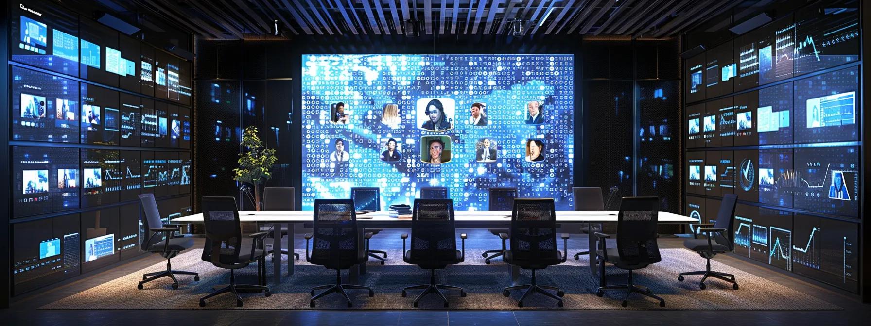a sleek, modern video conferencing room equipped with advanced technology showcases a glowing screen displaying a diverse group of professionals engaged in a virtual meeting, while digital overlays of security icons convey the theme of ai-driven data protection and ethical standards.