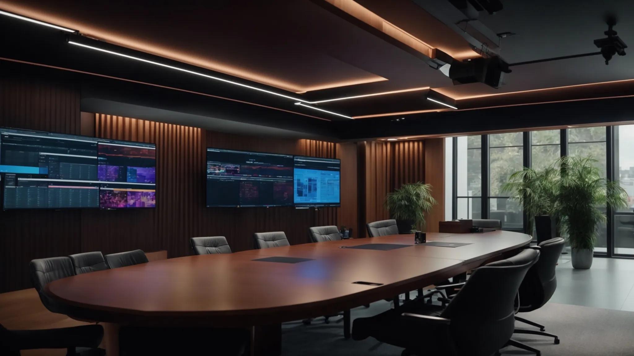 a sleek, modern virtual conference room illuminated by vibrant digital displays, where professionals intently analyze dynamic visuals and audio cues to identify deepfake indicators during a high-stakes online meeting.