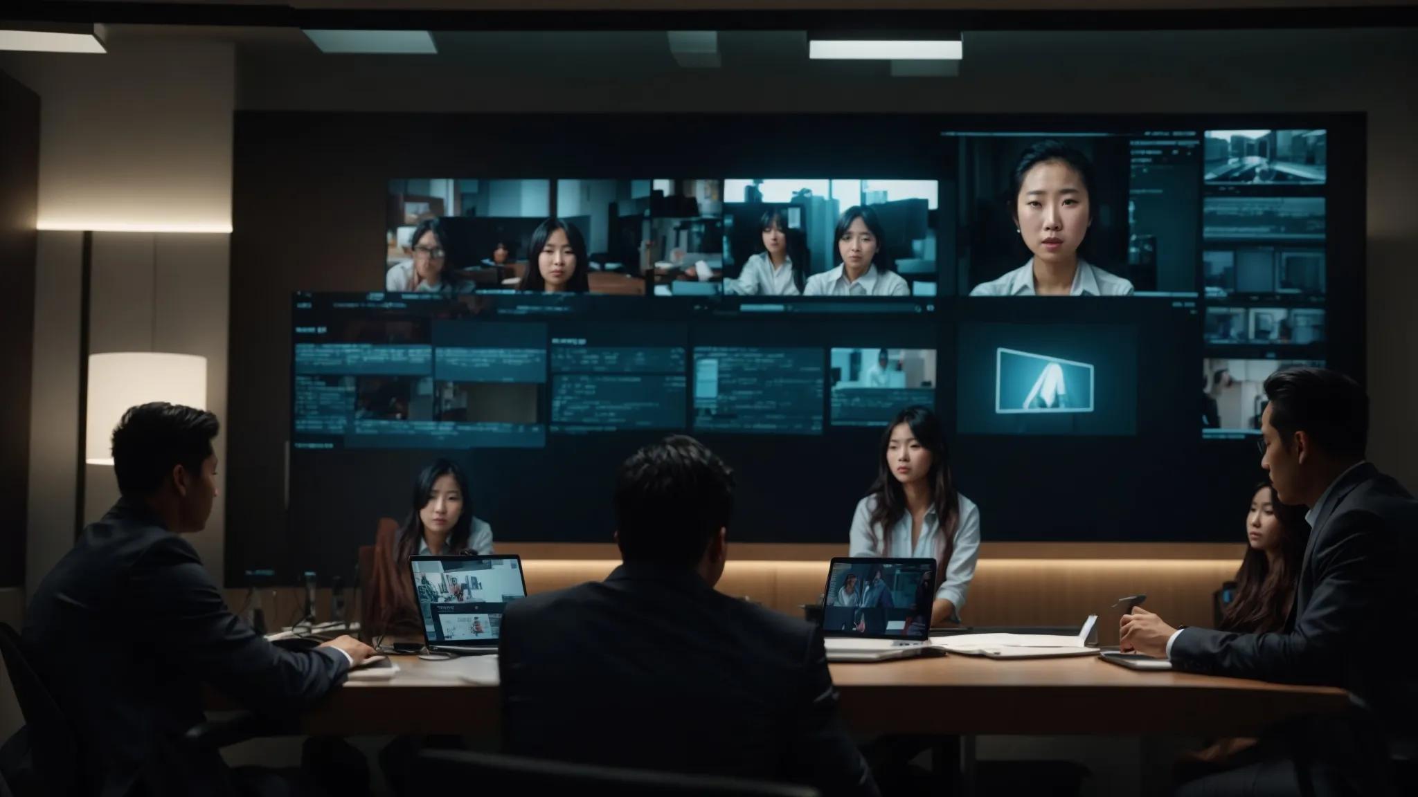 a tense online meeting room is illuminated by harsh fluorescent lights, where a worried group of professionals attentively monitors a suspicious digital screen displaying a distorted face, underscoring the urgency of addressing deepfake threats in real-time.