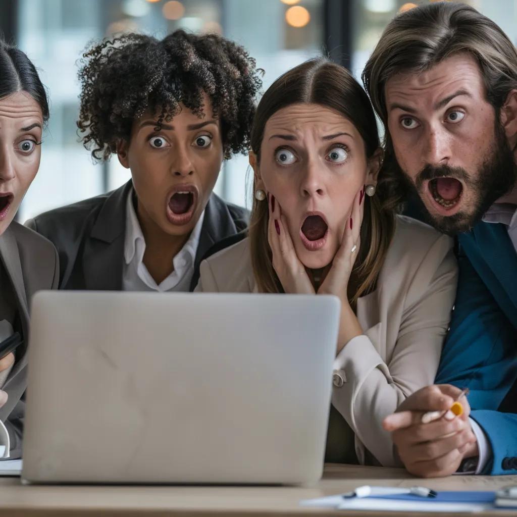 a tense virtual meeting scene featuring a diverse group of professionals displaying expressions of concern and skepticism as they analyze a holographic screen depicting a distorted, deepfake likeness of a colleague, illuminated by the cool glow of modern technology.