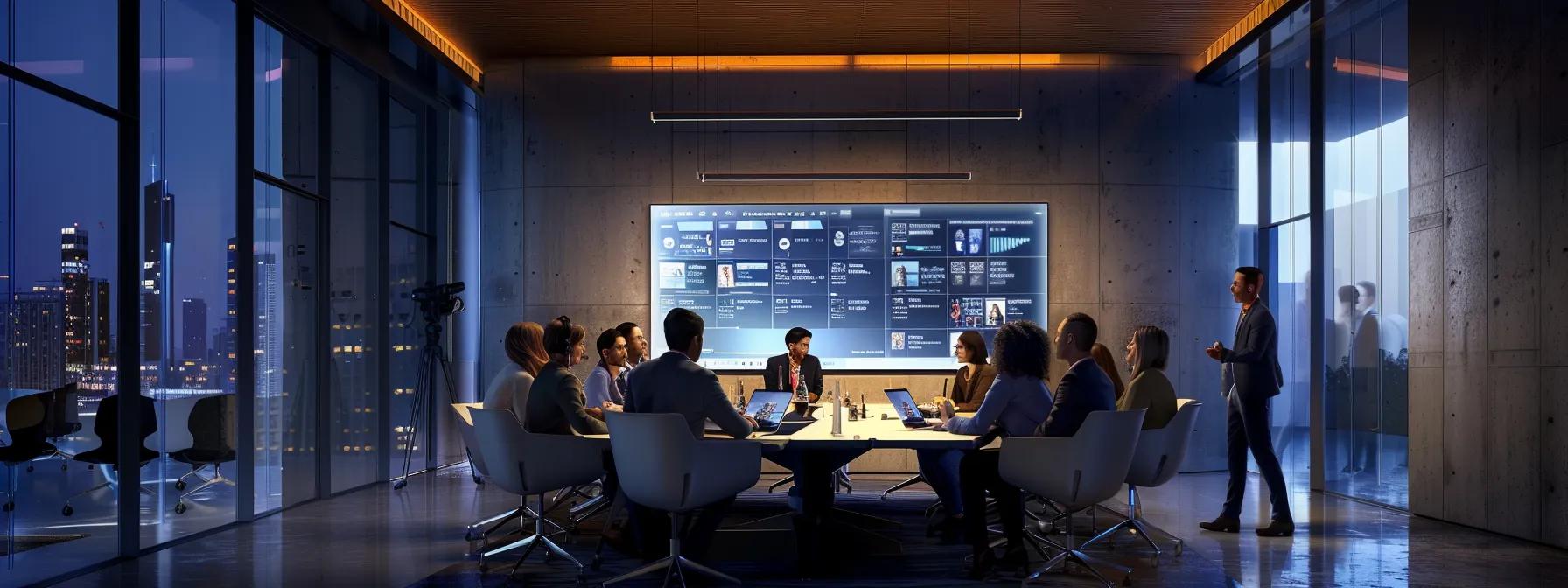 a dynamic, modern conference room filled with engaged professionals around a sleek table, visibly discussing and assigning roles and responsibilities on a digital screen, illuminated by focused overhead lighting that emphasizes their collaborative energy.