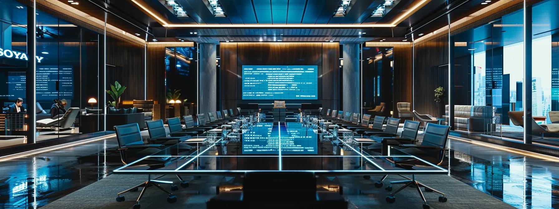 a modern conference room features a sleek, glass table surrounded by stylish chairs, with a digital screen displaying a well-organized meeting outline, illuminated by bright overhead lights that enhance the sharp contrast of the elegant furnishings.