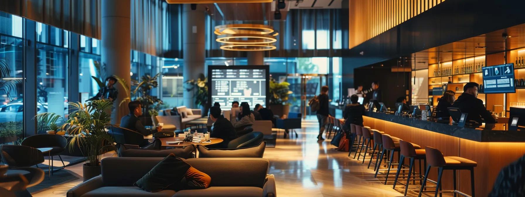 a modern conference room filled with sleek furniture and a digital display board, showcasing a dynamic, adaptable meeting agenda template that emphasizes versatility and collaboration among professionals engaged in discussion.
