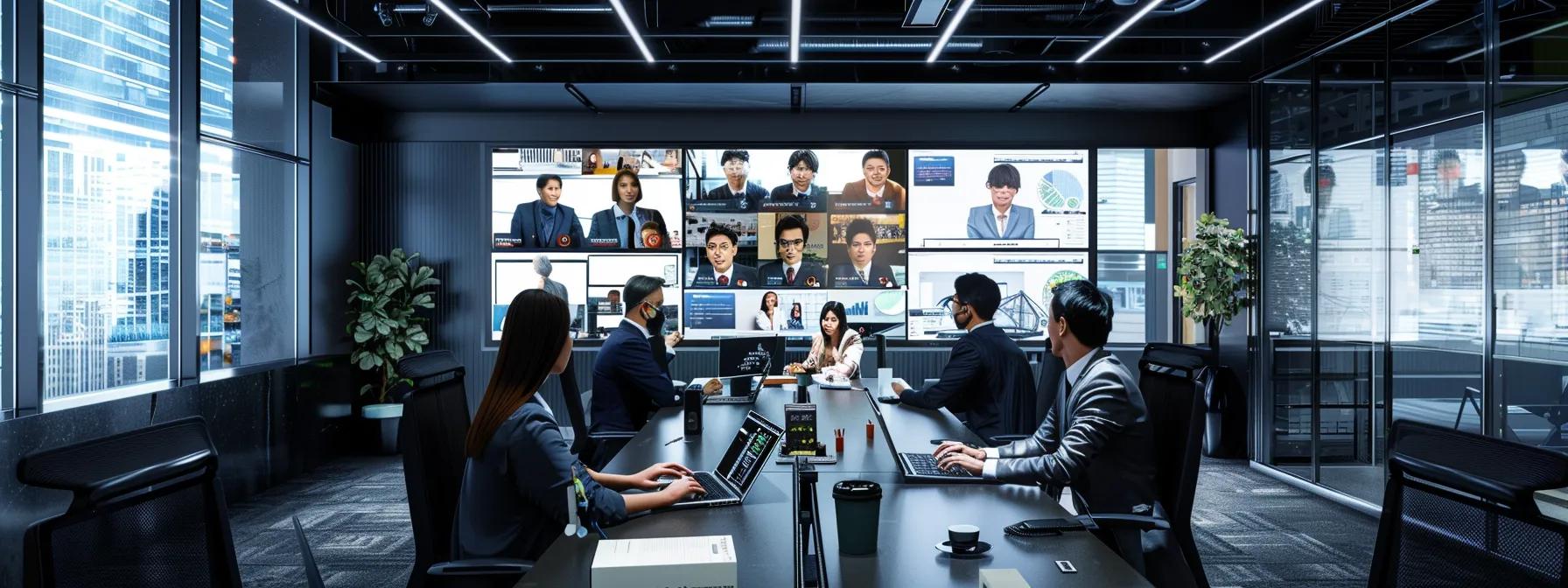a modern conference room filled with diverse professionals engaged in a teleconference, with multiple screens displaying participants and vibrant visuals, illustrating a dynamic online meeting environment.