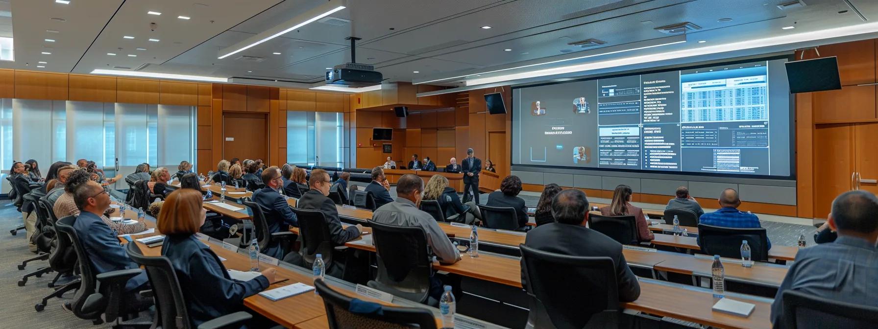 a modern conference room filled with attentive professionals engaged in a systematic discussion, with a digital screen displaying a structured meeting outline as the focal point.