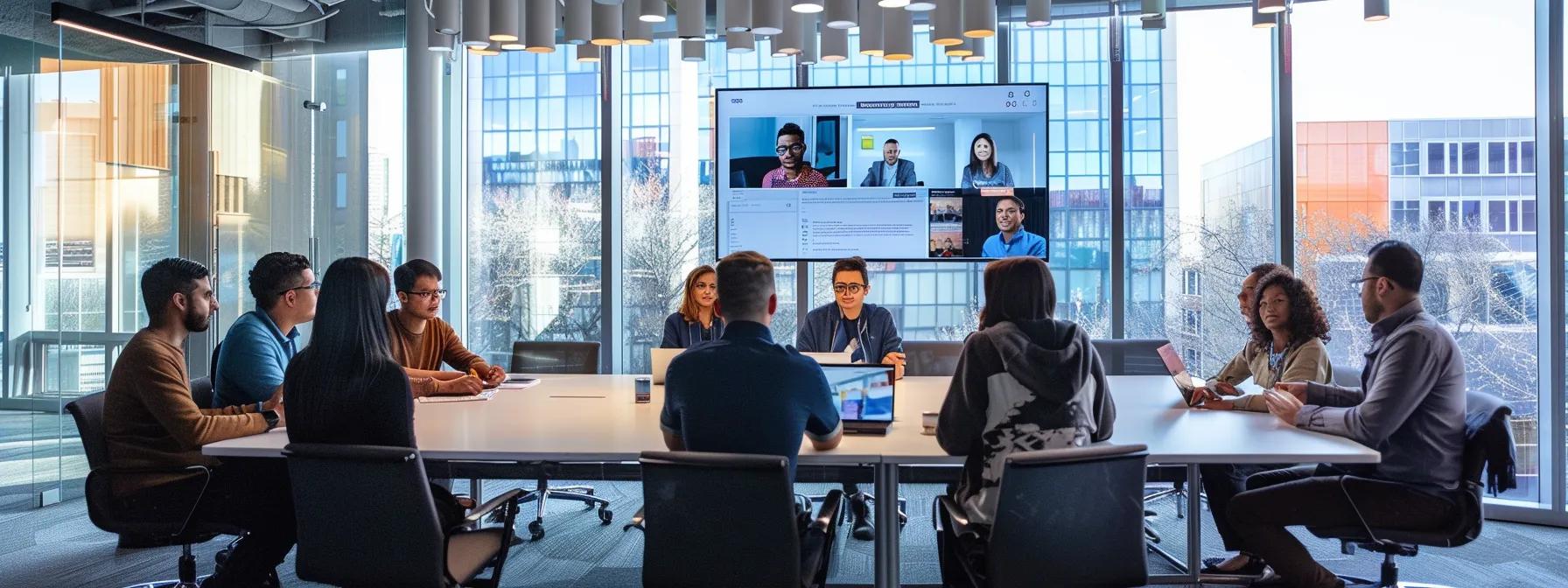 a modern conference room with a sleek, oval table surrounded by ergonomic chairs is illuminated by soft, focused lighting, where a diverse group of professionals engages around a large digital display showcasing personalized meeting outlines, embodying the essence of advanced meeting structures tailored for strategic alignment.