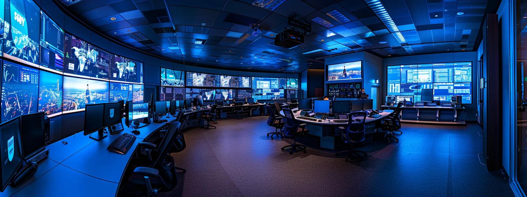 a modern office conference room equipped with advanced teleconferencing technology, featuring sleek screens and sophisticated audio devices, illuminated by ambient lighting that emphasizes the high-tech environment.