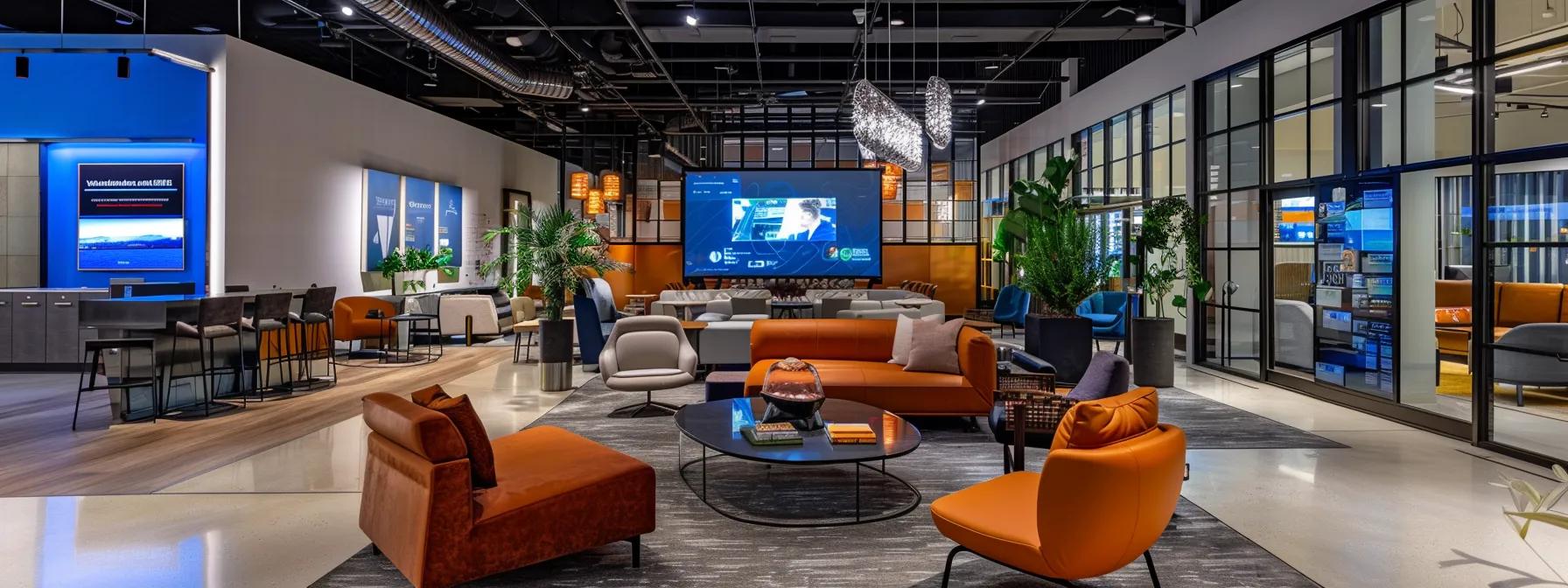 a modern office setting showcases a sleek conference room equipped with advanced teleconferencing technology, featuring a large display screen, stylish furniture, and ambient lighting that emphasizes a focus on connectivity and collaboration.